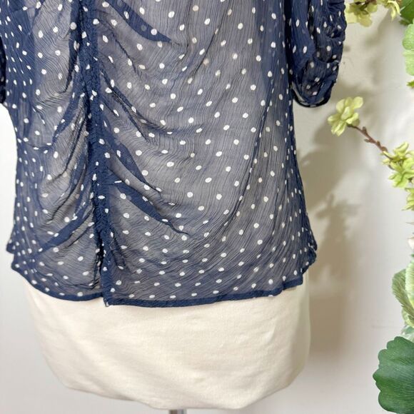 🖤🔥 FRAME Sheer Navy Polka Dot Ruched Puff Sleeve Top Medium - Picture 4 of 9